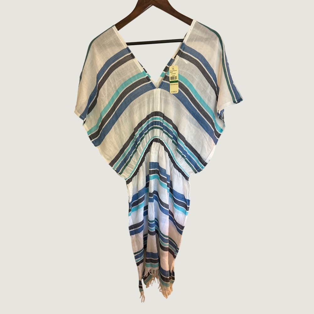 Tommy Bahama Womens Cotton Gauze Striped V-Neck Cover Up Dress Blue White L NWT